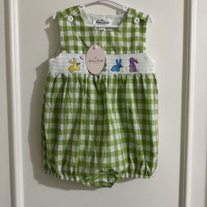 Marie Nicole NWT 18-24 Months green Gingham Bunny Bubble Romper Baby